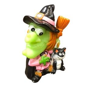 Witch Cat Halloween Broom PVC Figurine Cake Topper Toy 1991 Bee Brand Vtg Decor